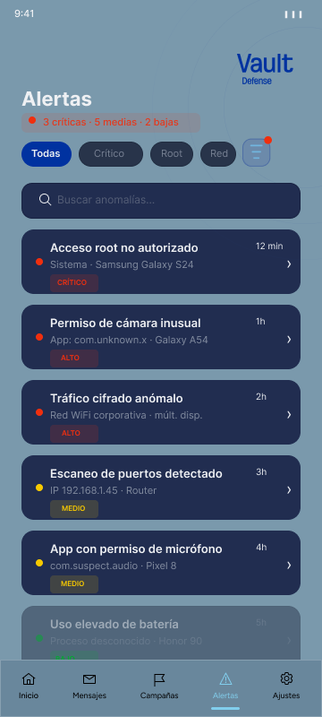 Listado de alertas con filtros y etiquetas de severidad.