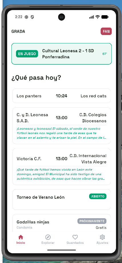 Pantalla de inicio de Grada con partido en juego y listado de encuentros.