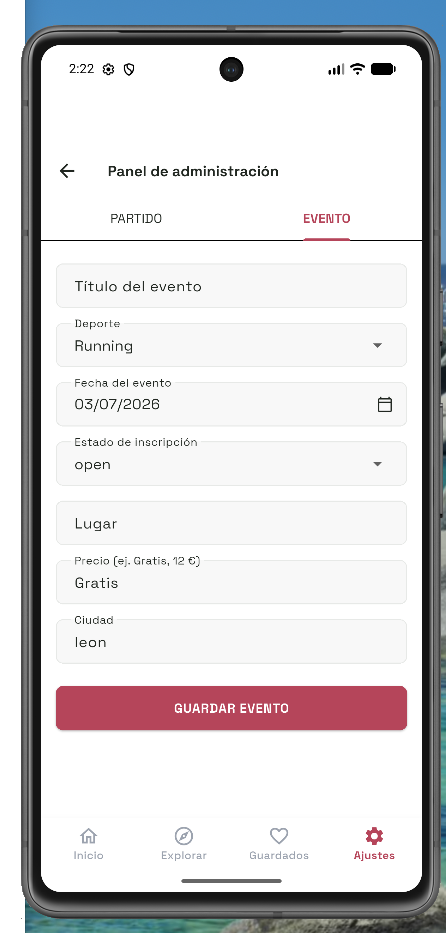 Formulario de administración para crear un evento con deporte, fecha y estado.