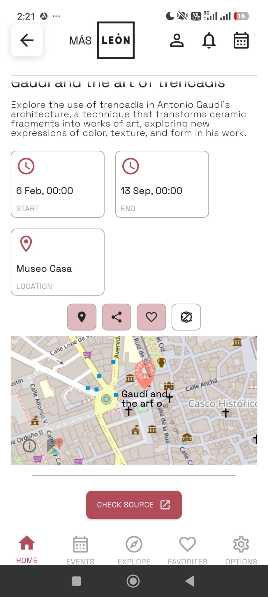 Ficha de evento con fechas de inicio y fin, ubicación, mapa y acceso a la fuente.