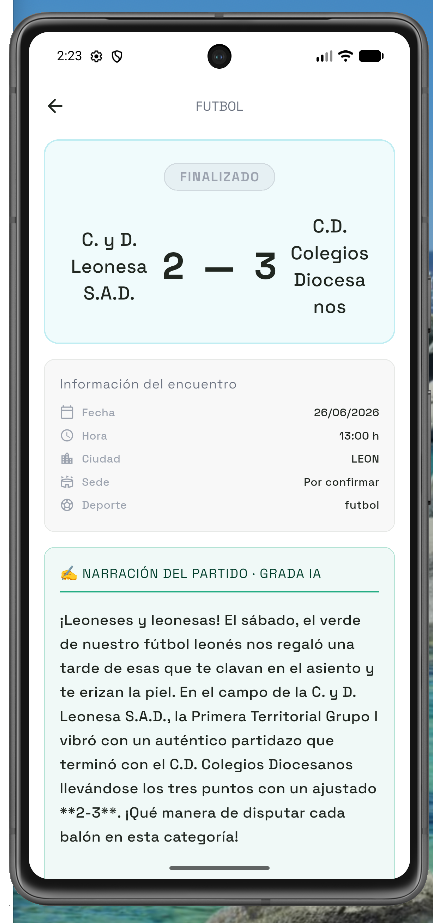Detalle de partido con marcador, información del encuentro y narración.