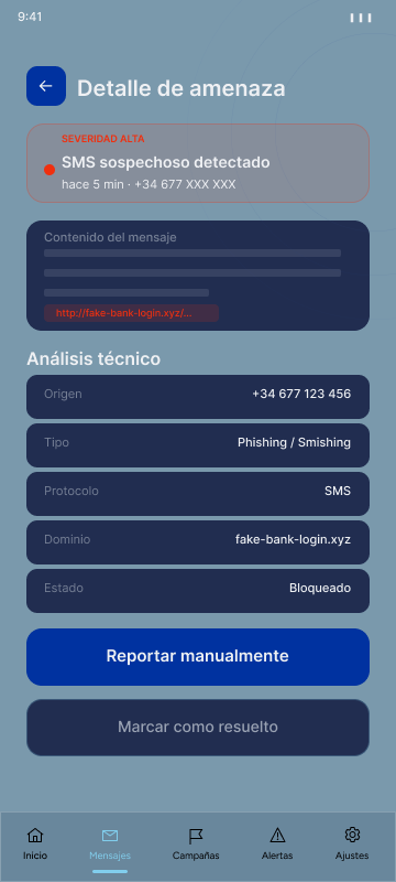 Detalle de amenaza con severidad, análisis técnico y acciones disponibles.