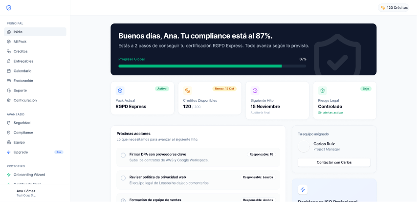 Panel del portal con progreso del servicio, pack actual, próximo hito y próximas acciones.