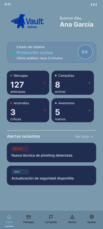 Pantalla de inicio de la app con estado de protección y contadores.
