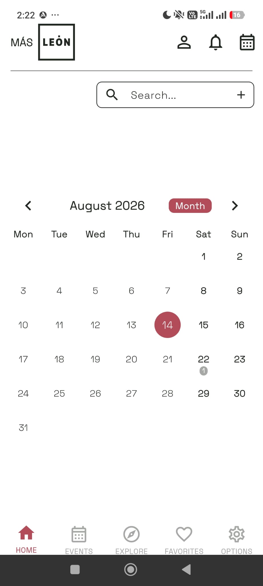 Vista de calendario mensual de la app con un día seleccionado y contador de eventos.