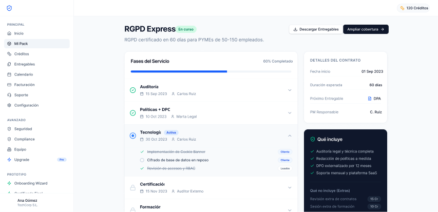 Vista del pack contratado con fases del servicio, detalles del contrato y alcance incluido.